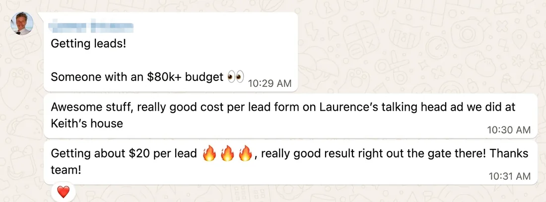 Client message: leads at about $20 each, including a prospect with an $80k-plus budget